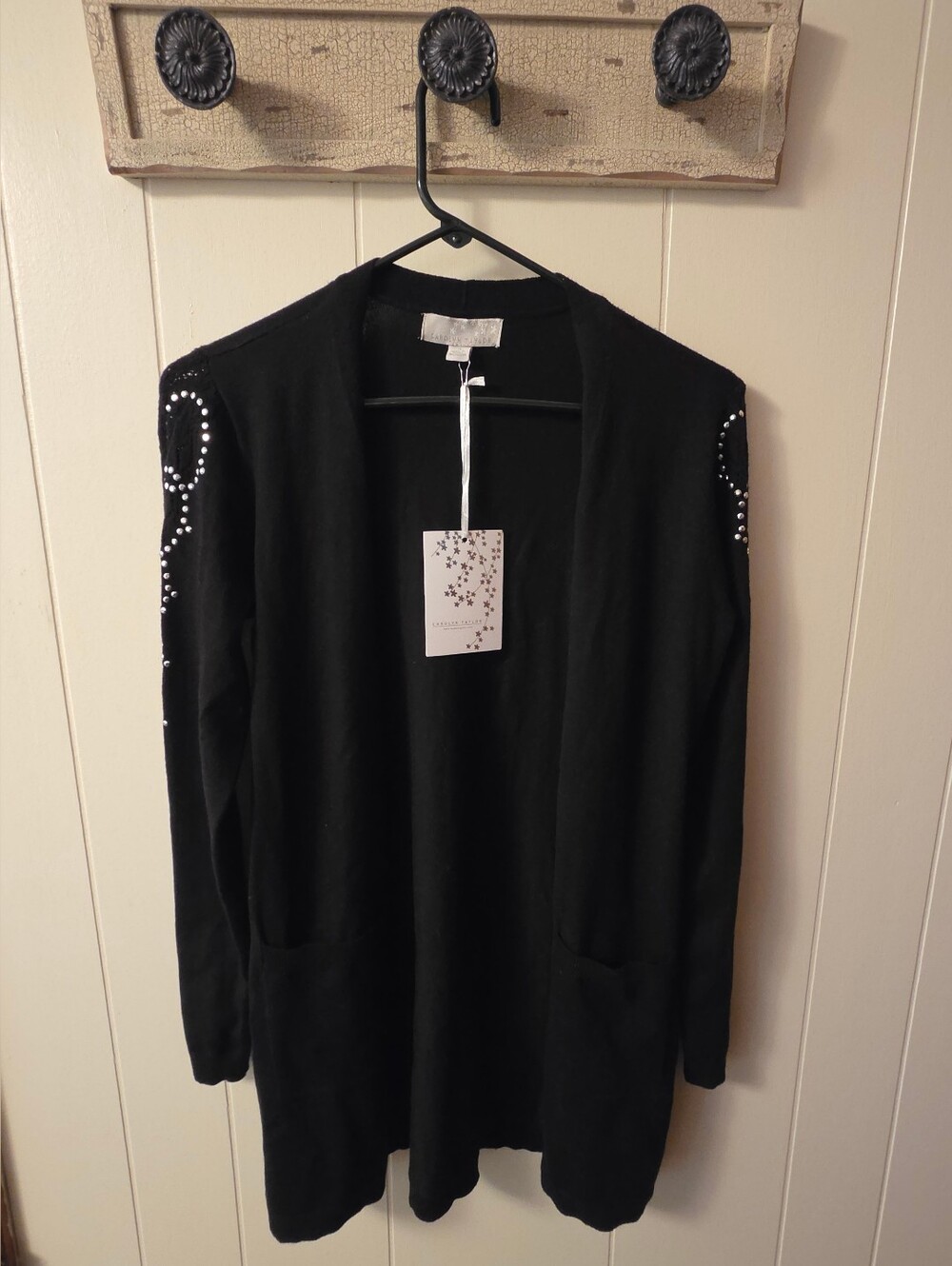 NWT Carolyn Taylor Black Open-Front Women's Cardigan W/ Stud Detail Size Small